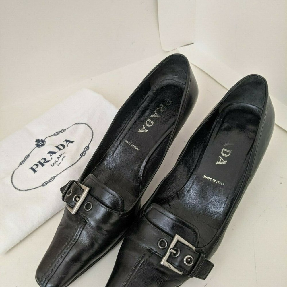 PRADA Women's Shoes Black Leather Buckle Low Heel